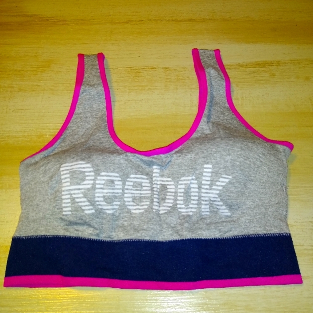 NEW REEBOK Spellout Logo Sports Bra Gray Pink & Navy Lady's Large